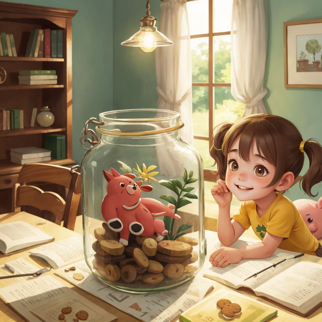Fizz stuck in a jar reaching for cookies, with Sophia giggling and helping him out