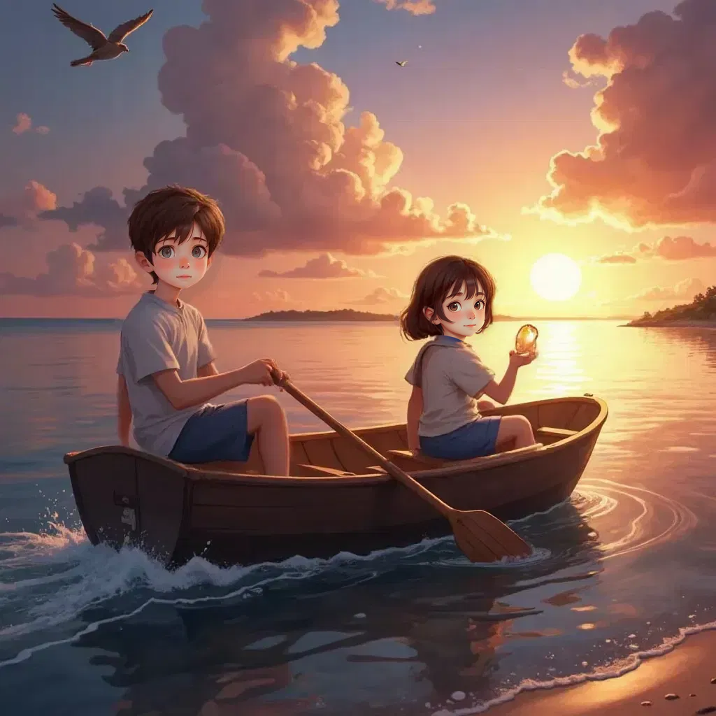 Finn and Lila rowing back home under a setting sun, holding glowing seashells.
