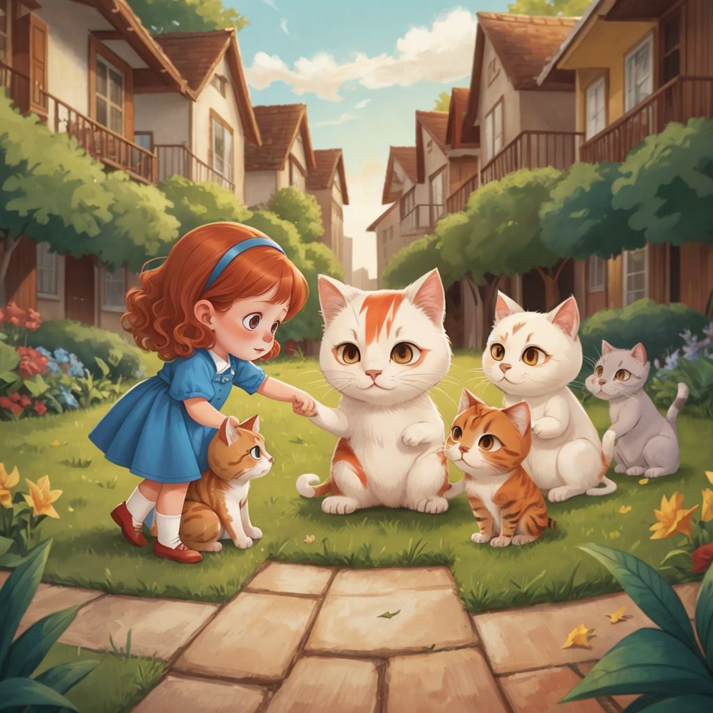 Bowie the Cat surrounded by friendly neighborhood cats at a garden gathering. Lucy introducing Bowie, with a proud smile on his face.
