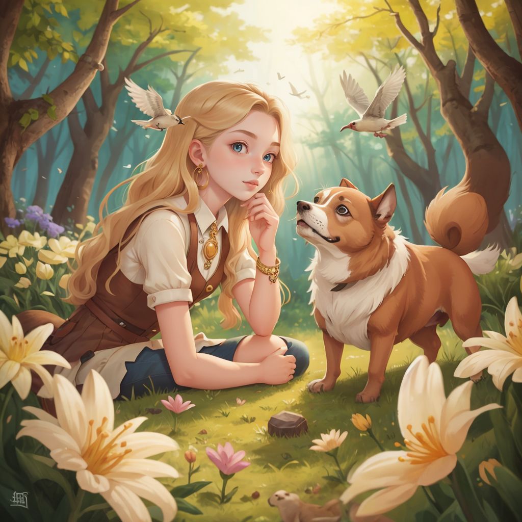 Sarah and Buzzie Too in an enchanted forest, surrounded by glowing flowers and singing birds