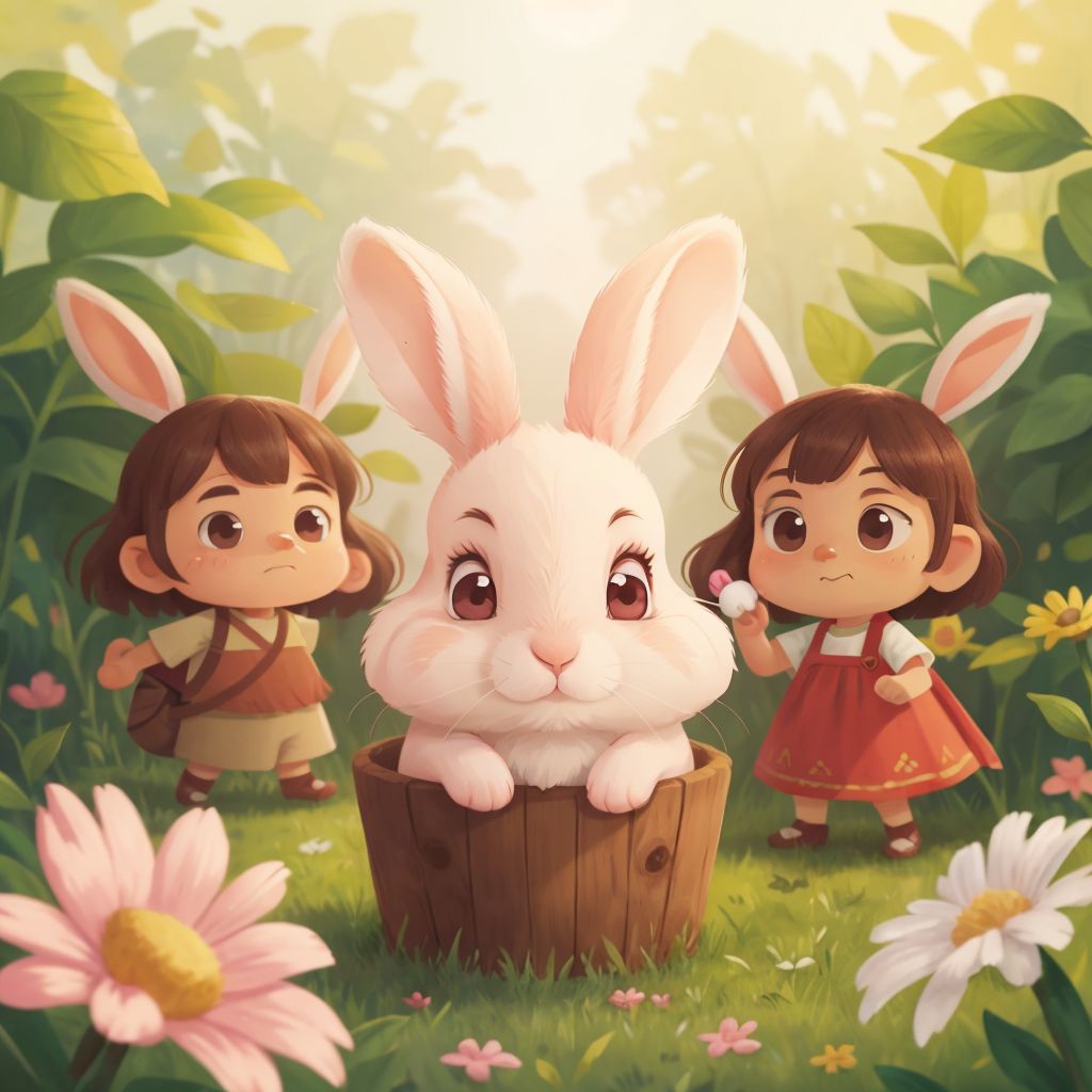 Bonnie Bunny with villagers, receiving warm smiles and gentle hugs, with a joyful expression.