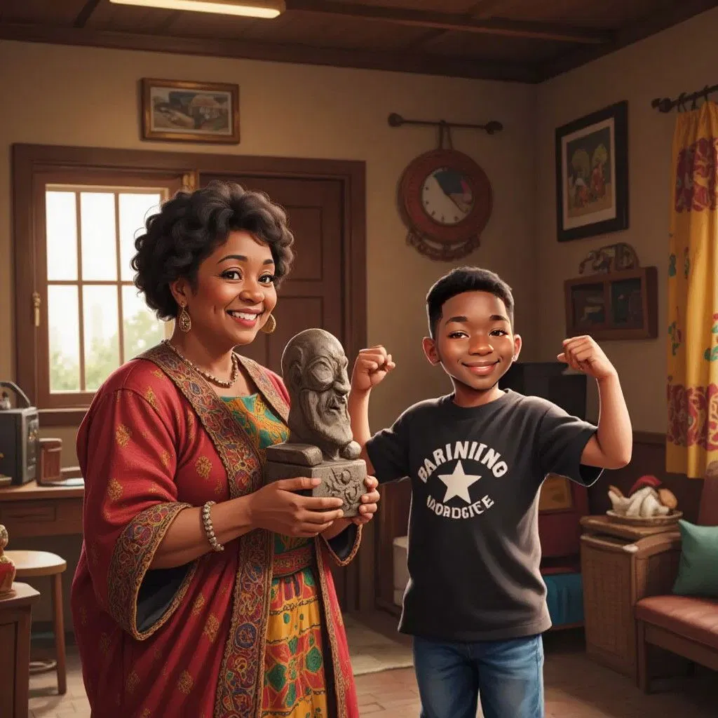 Mama Zee holding up a carved stone, while a proud Malachi flexes his arms. Traditional African decorations visible on the walls.