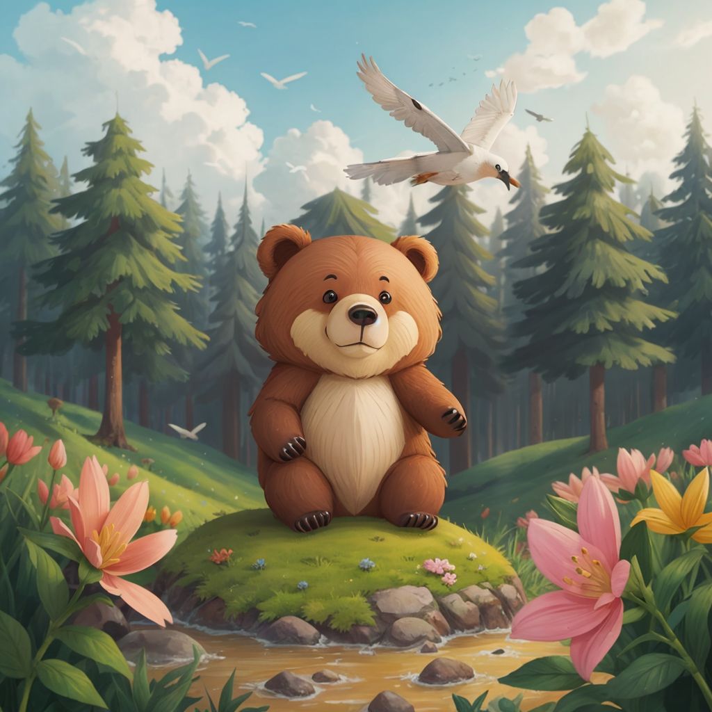 Kuschi the Bear standing alone on a colorful island with tall trees and bright flowers, looking wistfully at birds flying together in the sky