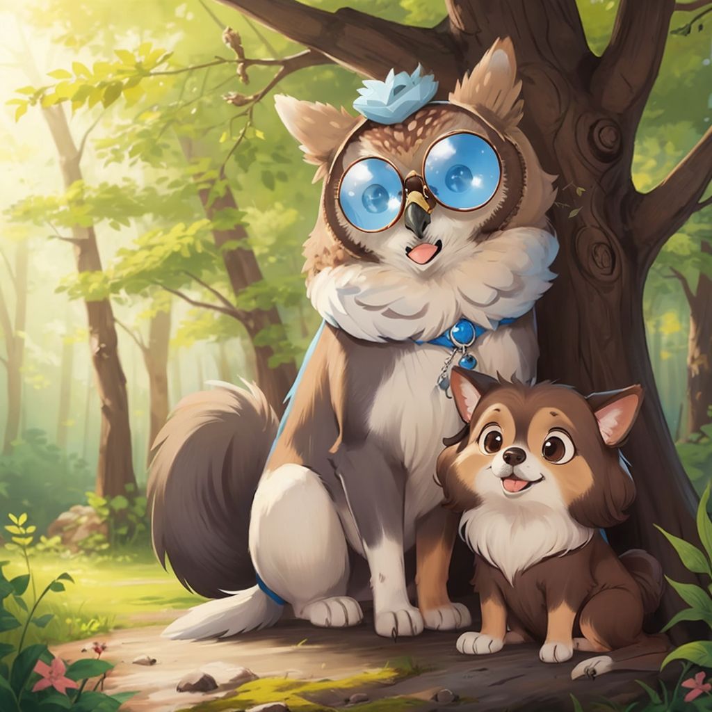 A wise brown owl with spectacles perched on a branch in an enchanted forest. Bear and Lilja looking up attentively.