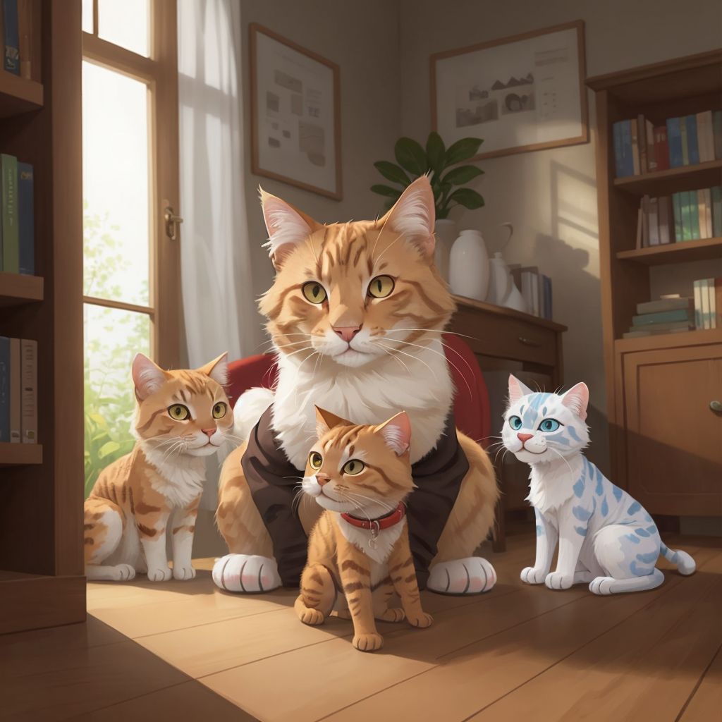 Pinky the cat, looking mischievous, with a group of confused animals around.