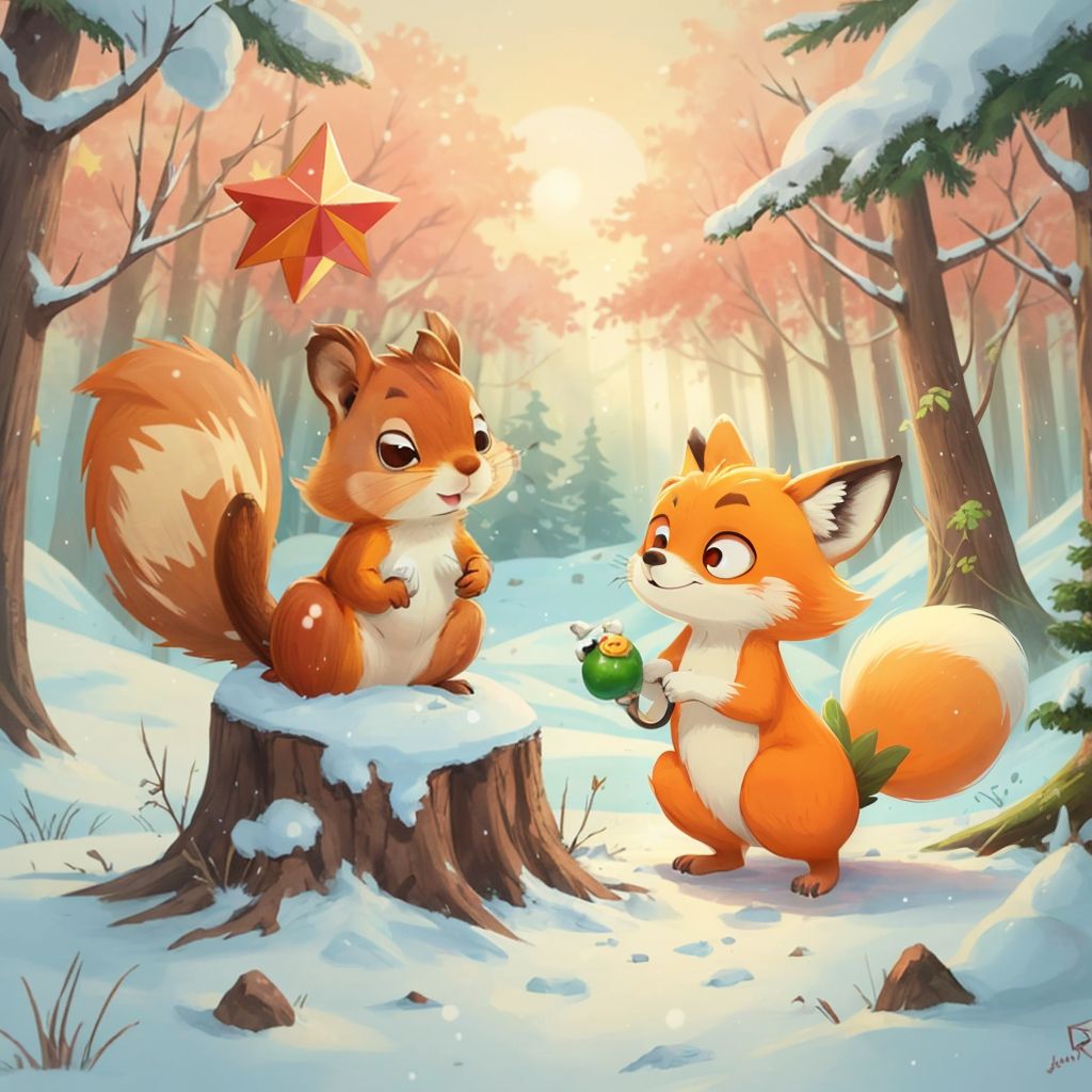 Squirrel holding up a shiny star found in the snow, with Little Fox looking relieved