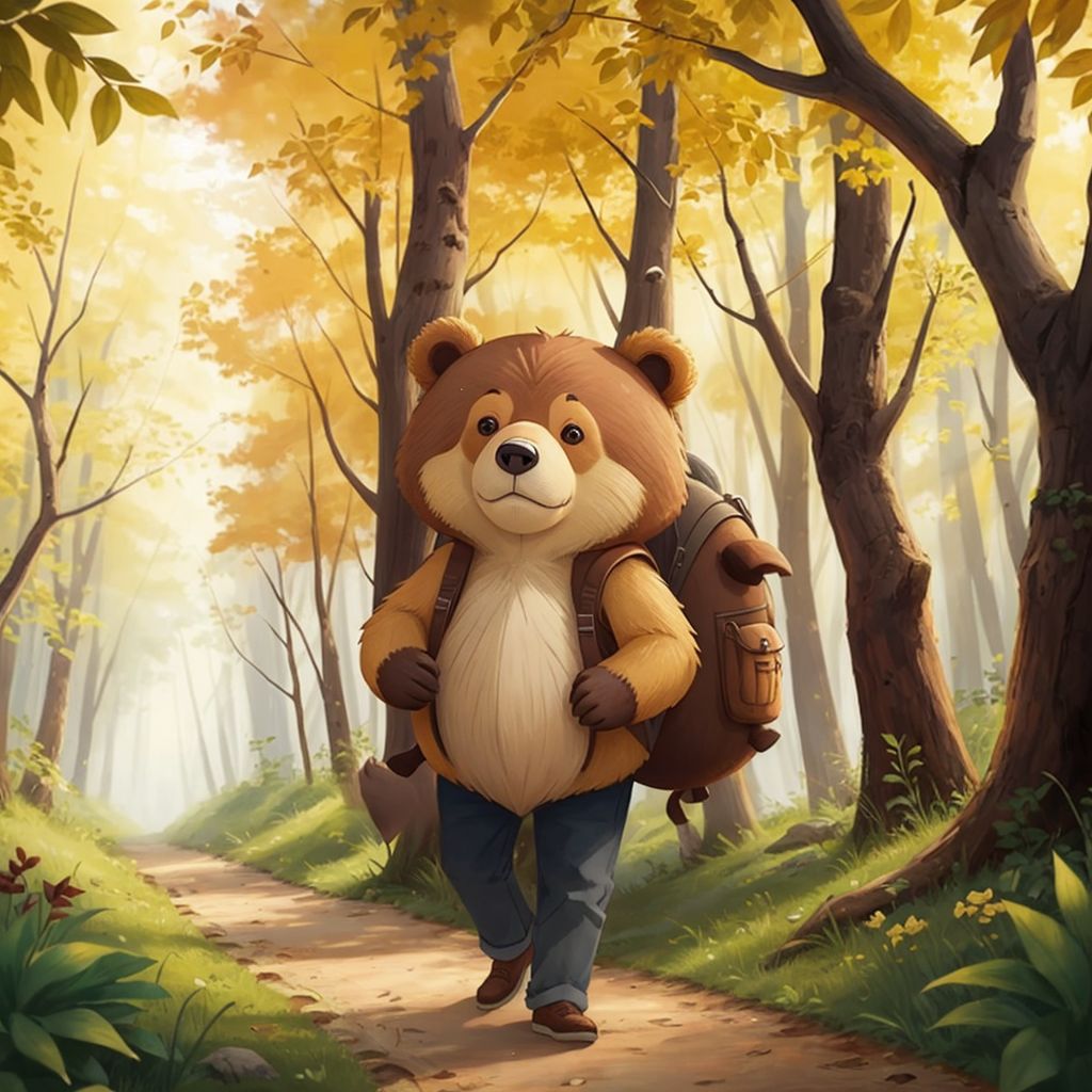 Kuschi wearing a small backpack filled with honey and berries, walking through a sunny forest path