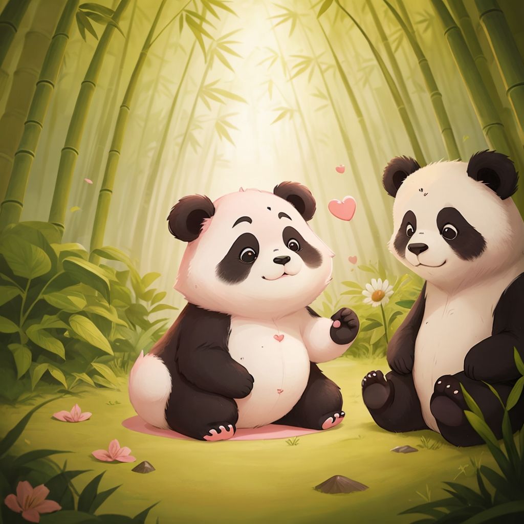 Polly Panda with wide, curious eyes as her mama explains different fart sounds in a serene bamboo forest