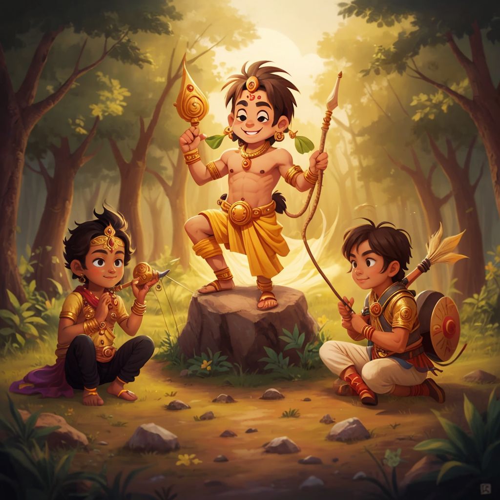 Krishna and Arjun thanking and bowing to a smiling Hanumanji in the forest