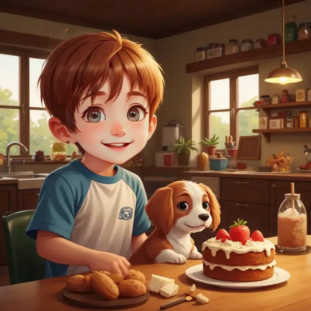 Little Larry finding a freshly baked cake on the table in Granny's kitchen, Droopy sitting close