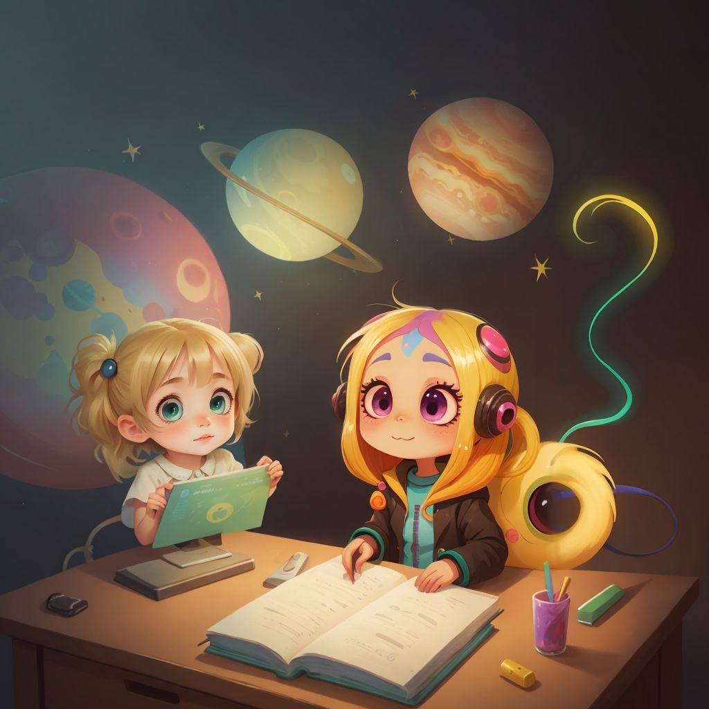 Aria and Mella sitting at floating rock desks, looking amazed at a holographic display of Saturn and Jupiter. The Yellow Fluffy Teacher pointing at the planets.