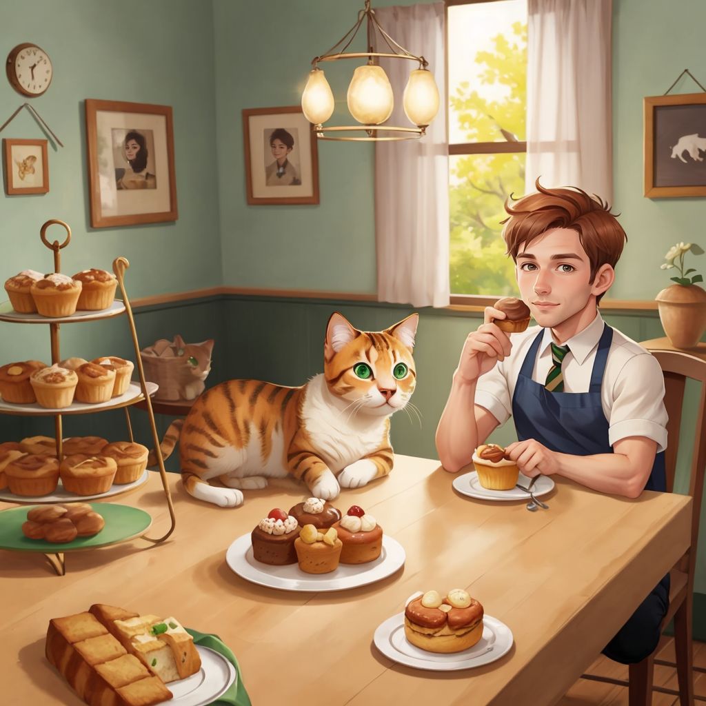 Tom, a ginger cat with emerald eyes, eating from a plate of pastries while Harold watches with amusement