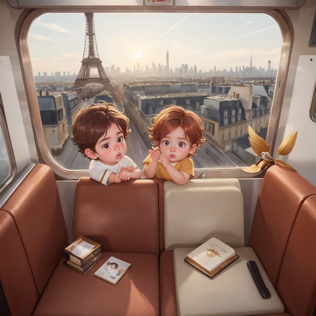 Leo and Sol waving goodbye to Piout from a train window, with the Paris skyline in the distance