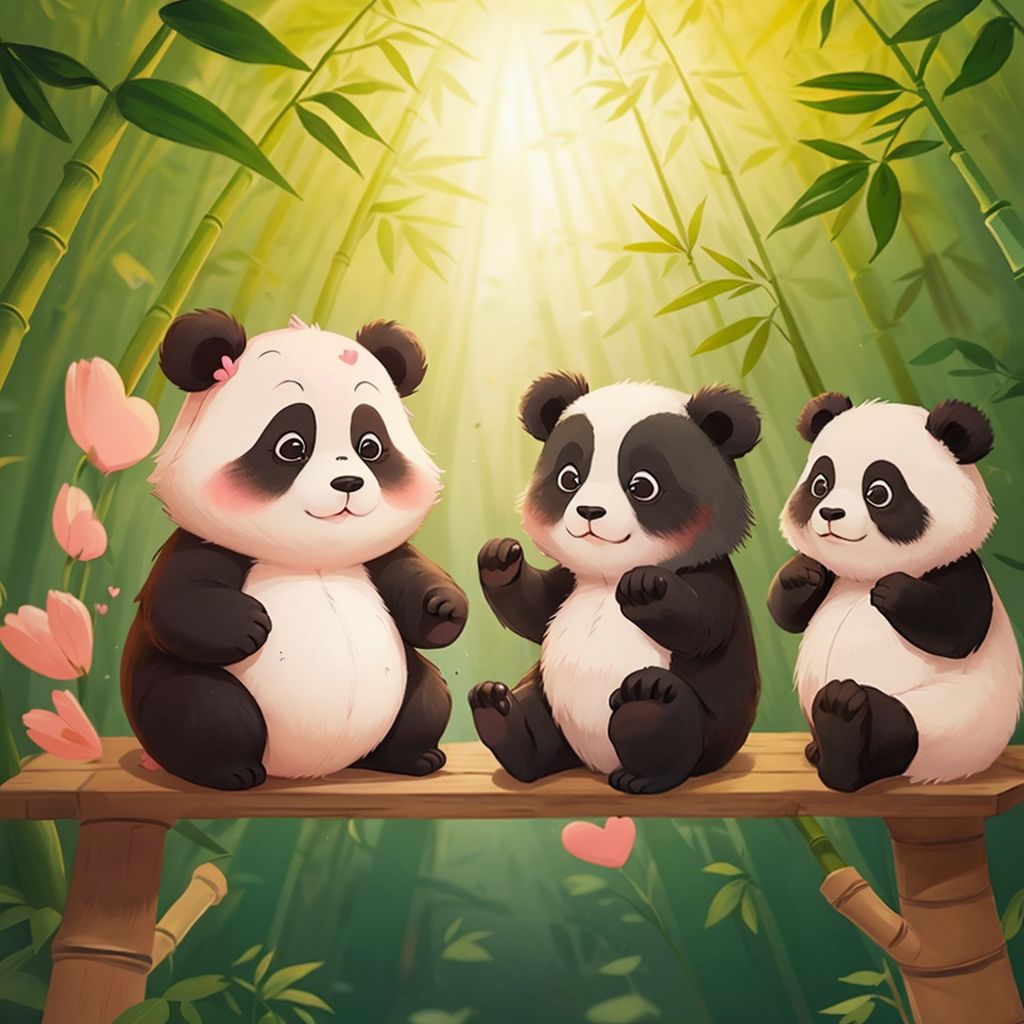 Polly Panda and her siblings playing a sound-making game in the bamboo forest, all laughing