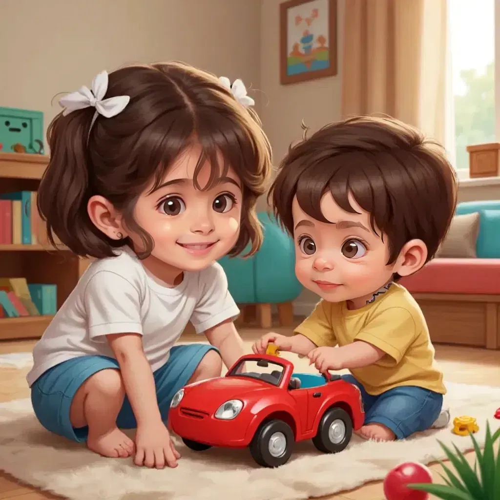 Dina looking at her little brother Omar. he hair is pigtails. omar head smaller than dina. he is looking at his toy car