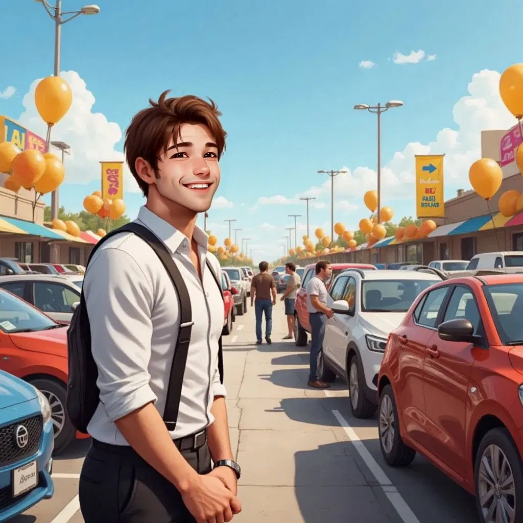 Francois smiling in his bustling car lot, surrounded by happy customers and cars