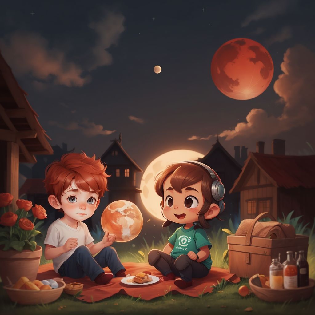 Ali and Groog having a moon picnic, with Earth visible in the sky