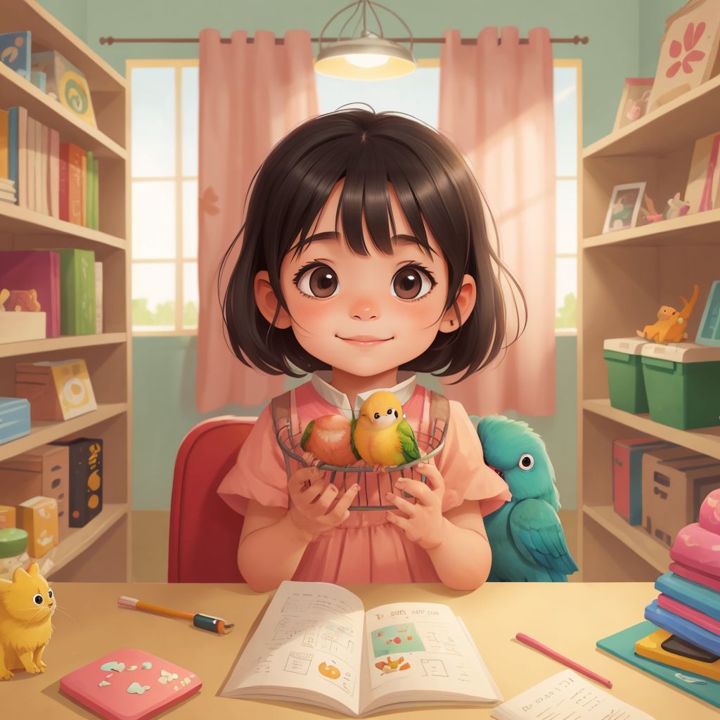 Reina smiling with excitement, holding a small cage with Peaches and Manguito inside, a pet store background with colorful pet supplies