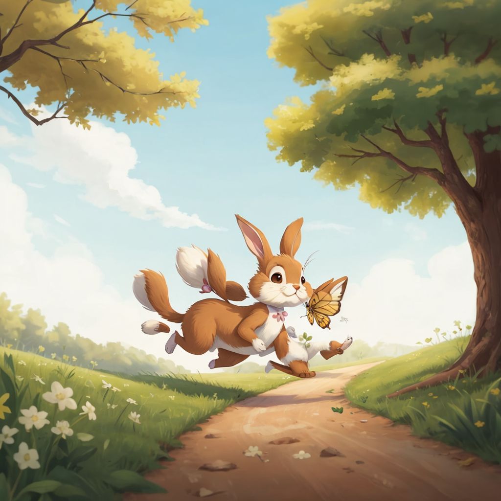 Rabbit lies curled up on a soft patch of clover, eyes closed with a peaceful smile. Sunlight dapples through tree branches onto his fur. The race path is visible nearby, completely empty with no sign of Turtle. A butterfly rests on a clover bloom beside the sleeping Rabbit.
