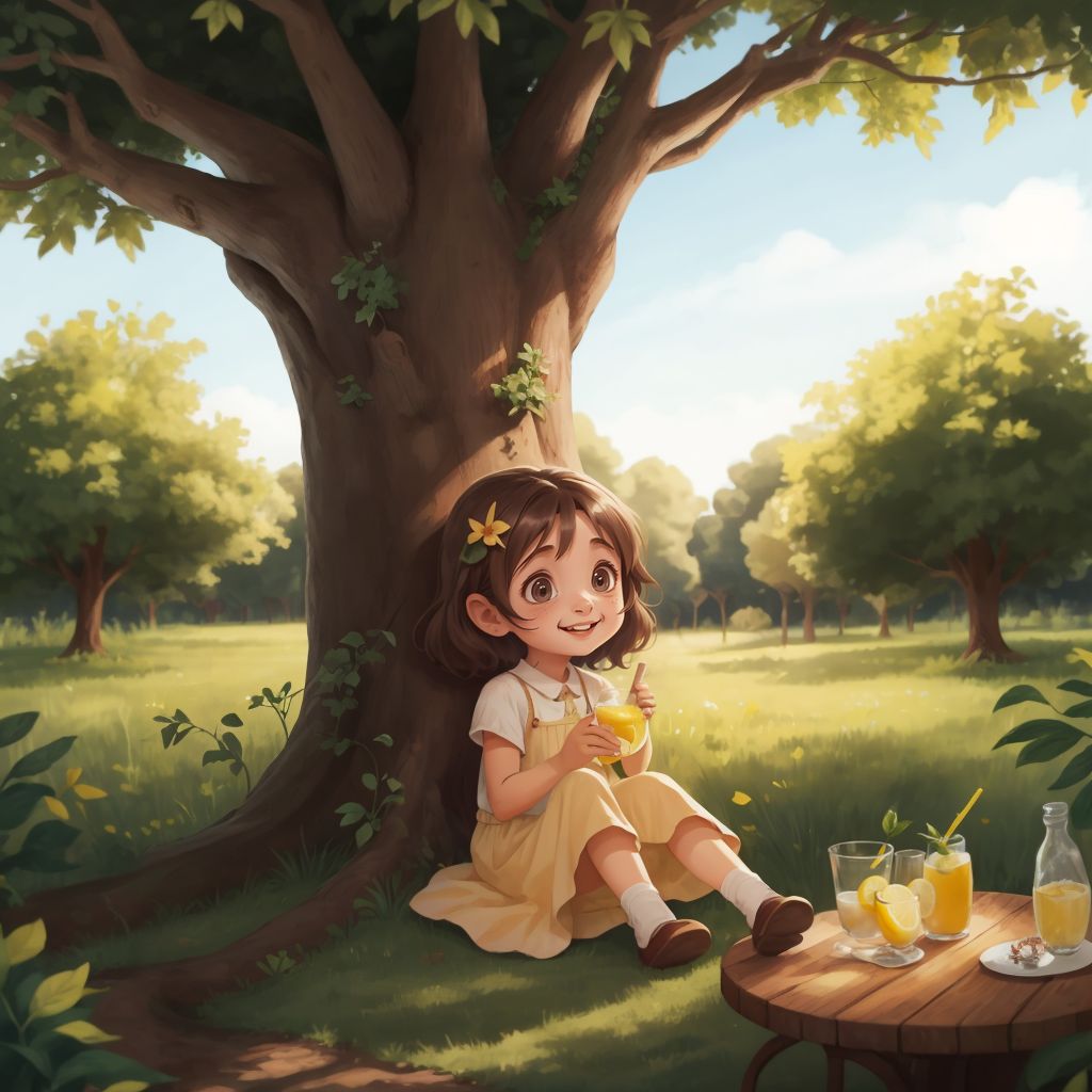 Zina sitting under a big tree in her backyard with a glass of lemonade, looking relaxed and content