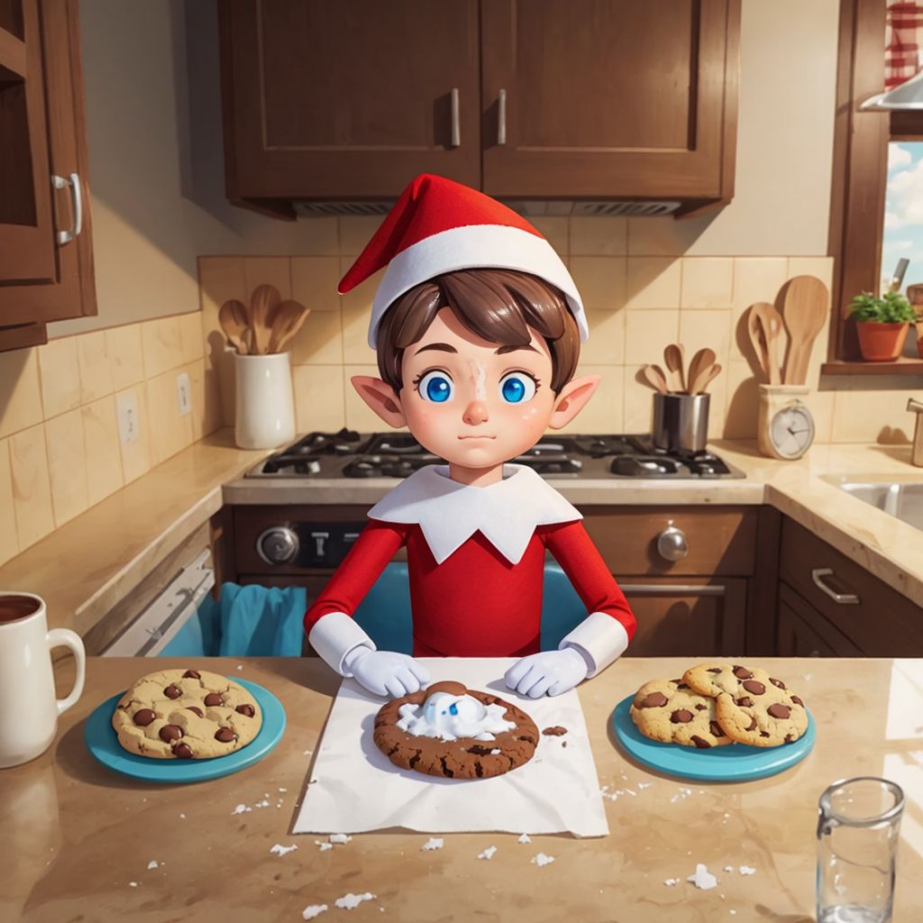 Chippy in a kitchen with flour on his nose, surrounded by freshly baked cookies