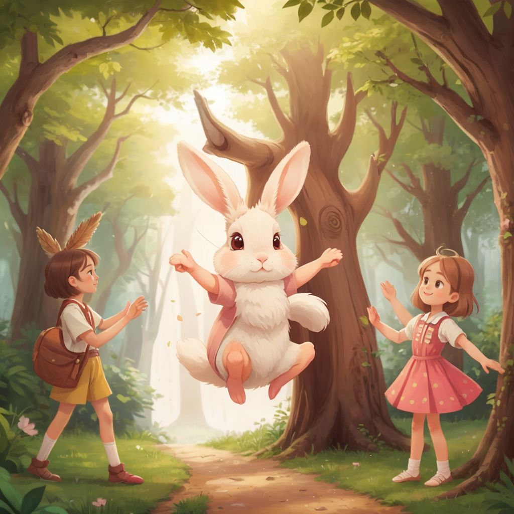Bonnie Bunny dancing along a winding path with people clapping, surrounded by ancient trees.