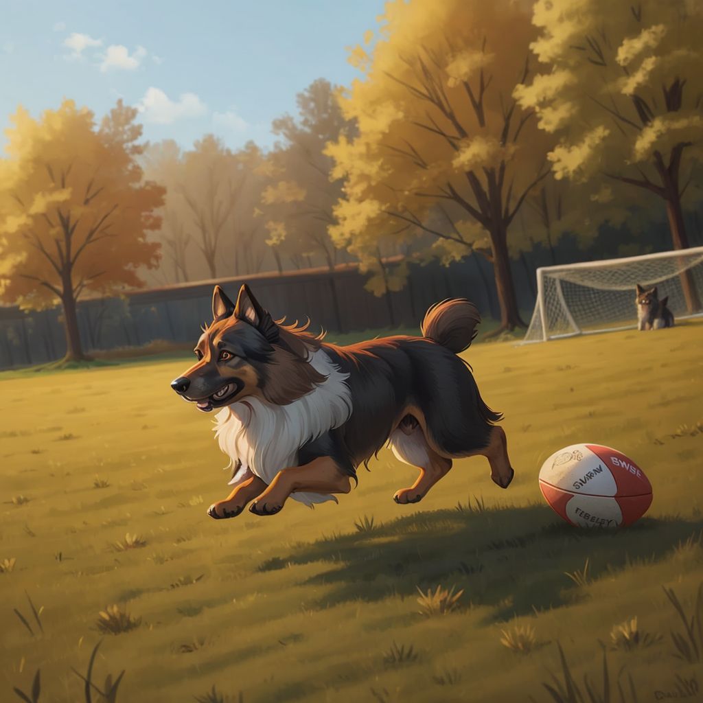 Blue the dog chasing a rugby ball on a field