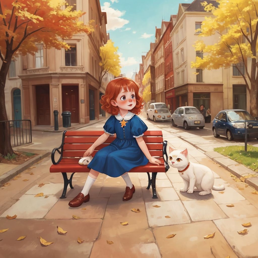 Lucy with medium red hair and a bright smile, sitting on a city bench, reaching out to Bowie the Cat. A sunny park setting in the background.