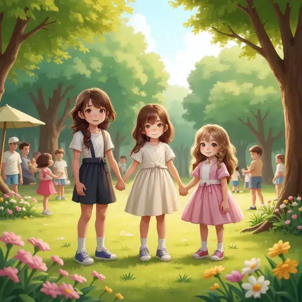 Reign, Lillie, and Jane sharing smiles with people in a park, bright sunshine and trees in the background