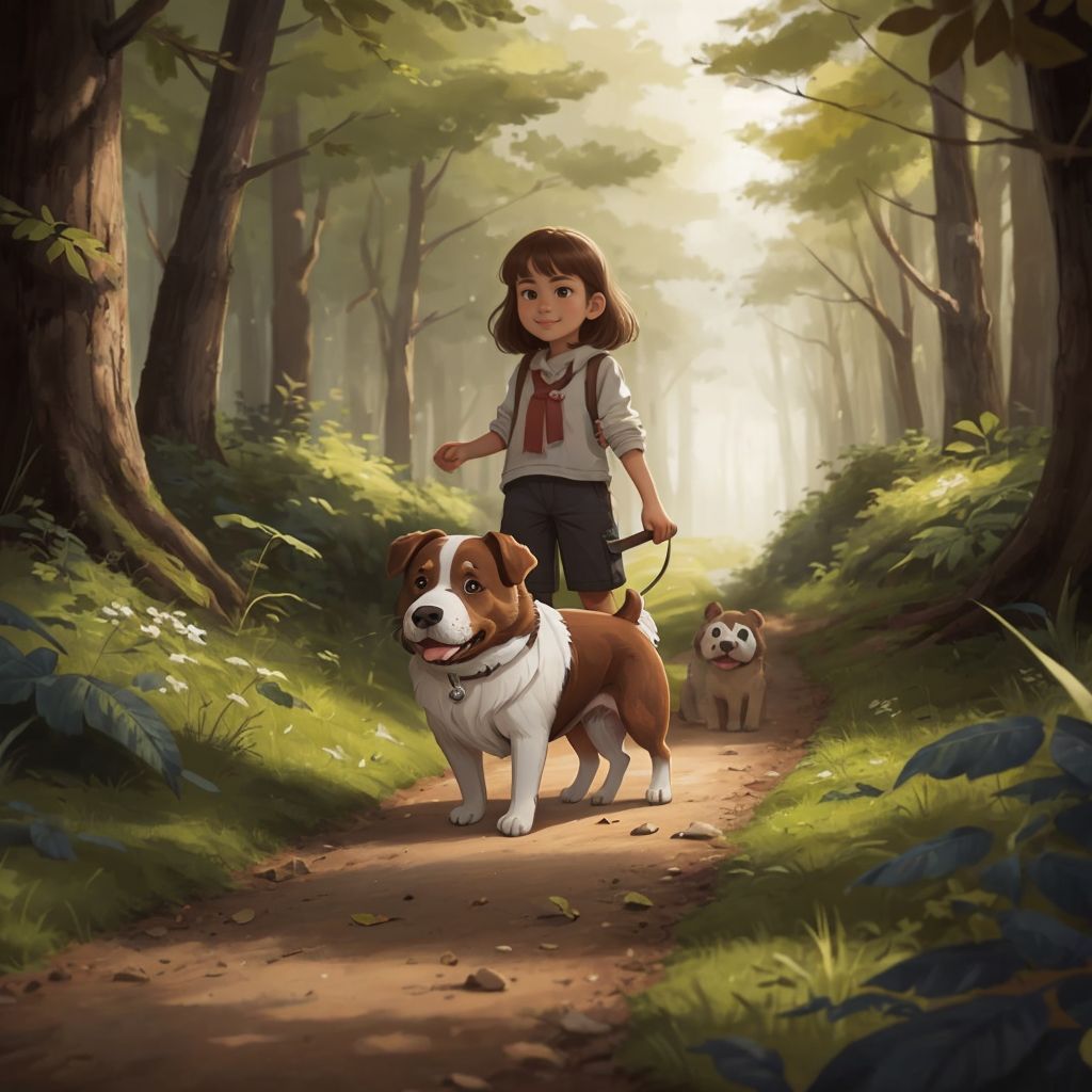 A worried young girl holding Buzzie Too (a brown and white terrier) close in a darkening forest