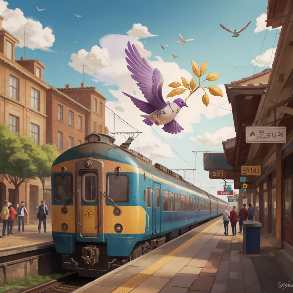 Piout, the magical pigeon, flying above a train station with a message tied to its leg