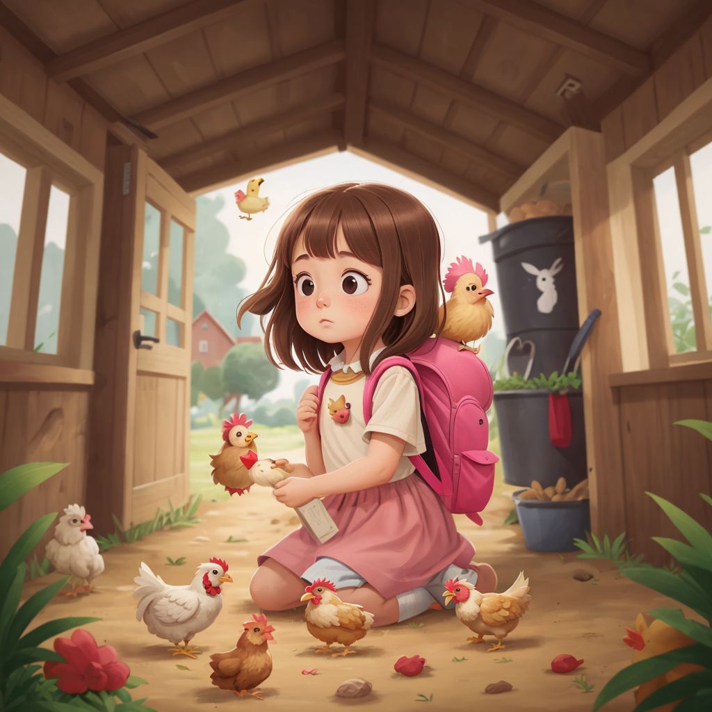 Rosie feeding seeds to chickens inside the chicken house, looking surprised as she hears a soft voice.