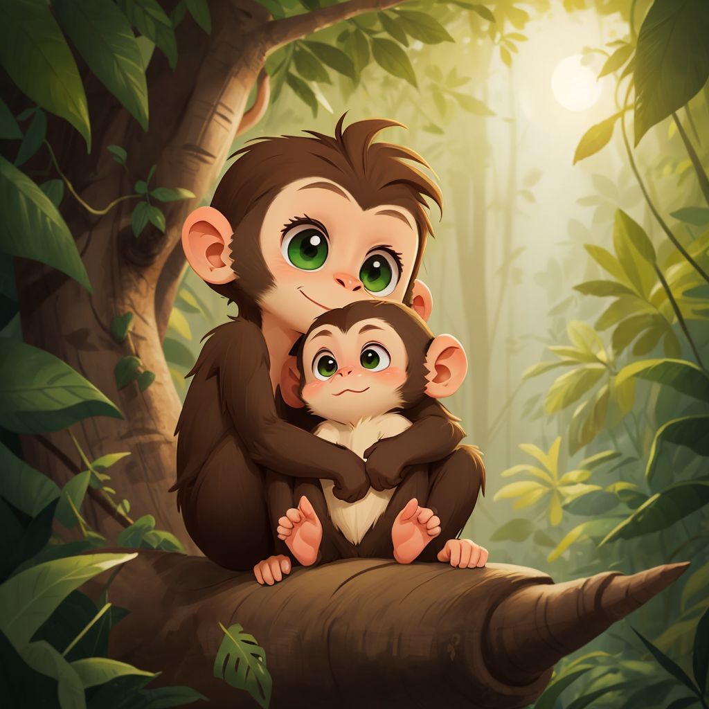 Mama monkey hugging baby monkey tightly. The background shows a sunset over the jungle canopy.