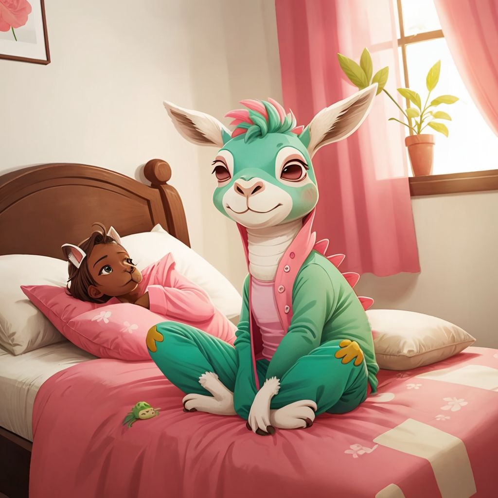 Donna with closed eyes and bowed head in a prayer pose, still wearing her pink iguana-printed pajamas, in her bedroom with sunlight streaming through the window