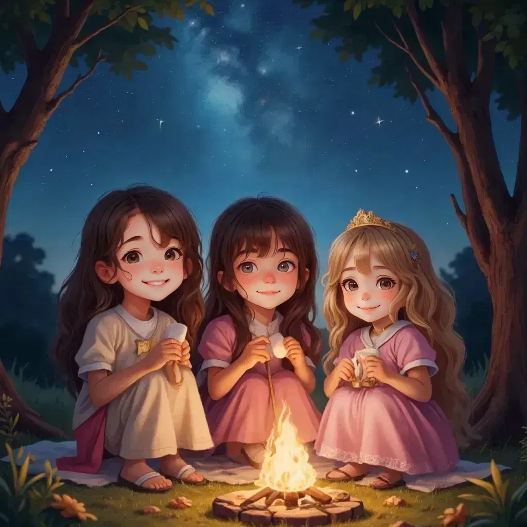 Reign, Lillie, and Jane sitting under a starry sky with long hair and marshmellows smiling