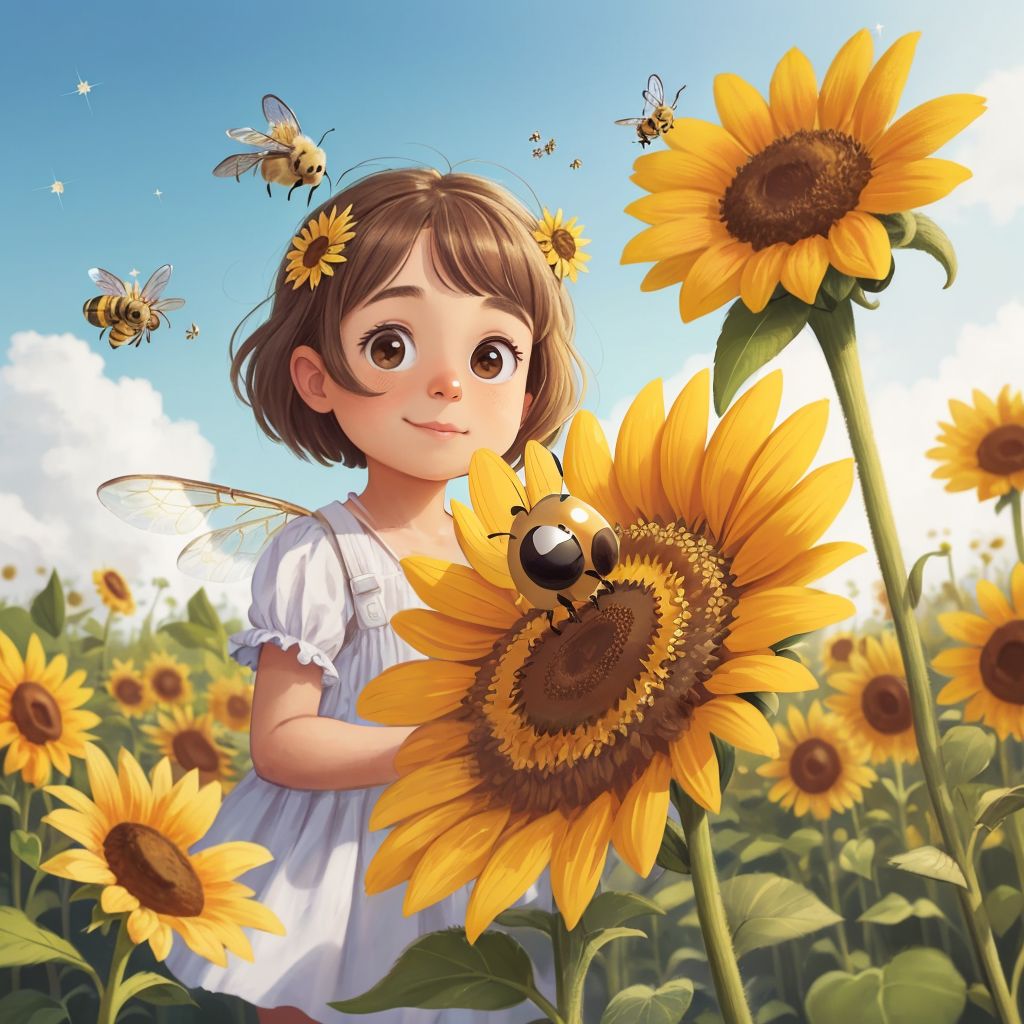 Pippa the cute little bee wiggling on a daisy, learning about flowers with a gentle smile.