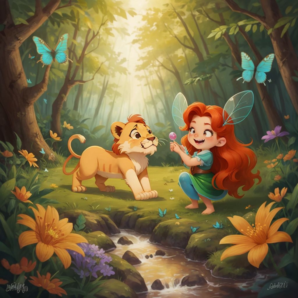 Cub (a cartoon lion cub like Simba) playfully pouncing near a laughing Bubbles in a sunlit forest clearing. Magical butterflies and forest flowers surrounding them.