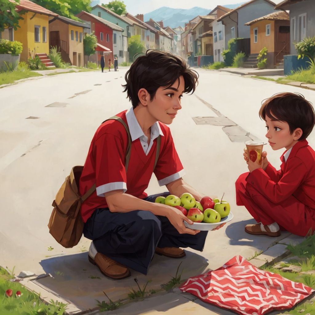 Number 13 happily giving 5 apples to a friend in Ones Village, with colorful houses in the background