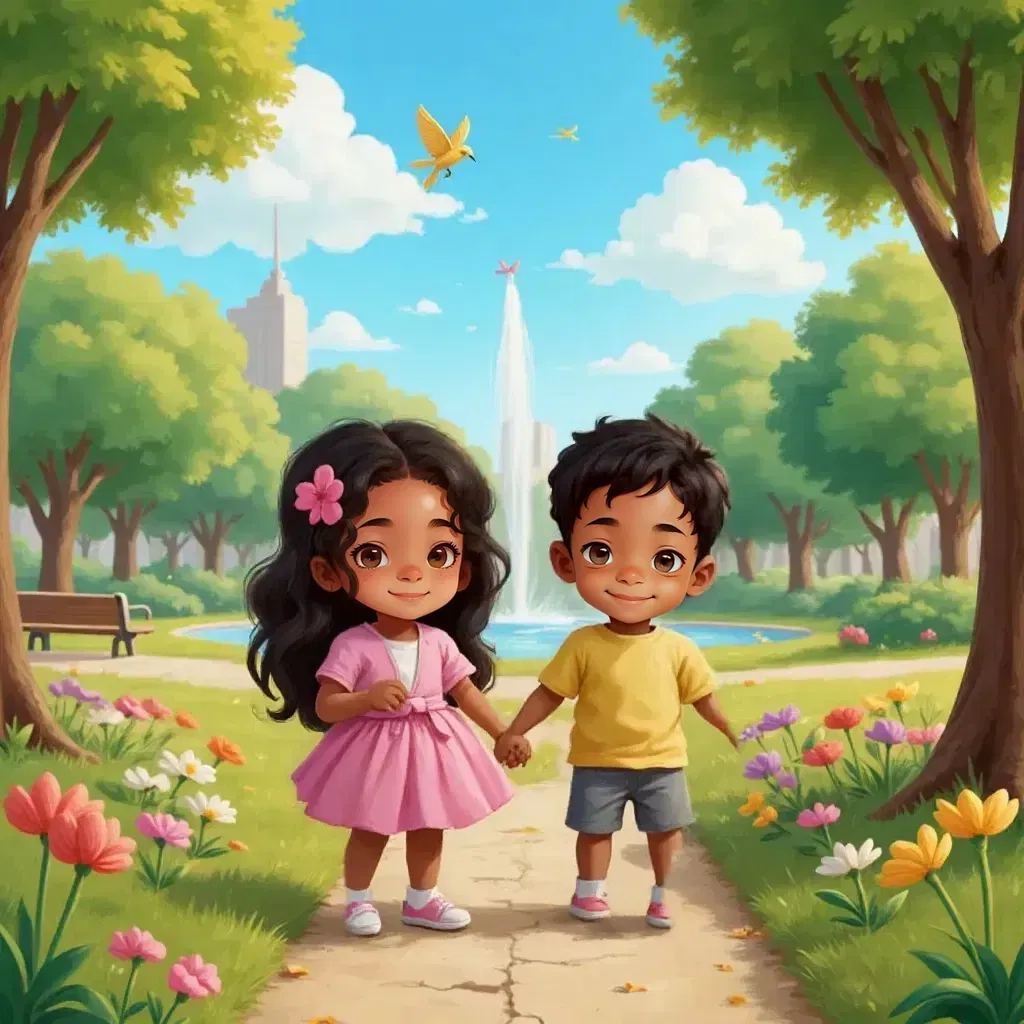 Simone and Calvin walking through a sunny park, surrounded by colorful flowers and chirping birds, with curious expressions