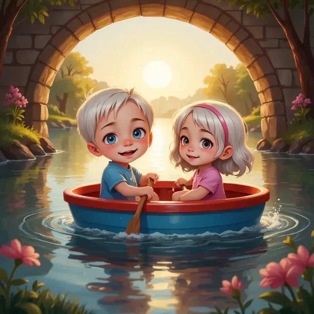 Isaac and Zoe paddling  in a bright blue and red paddle boat on a sparkling lake under the stone bridge, surrounded by sparkling air, exchanging joyful smiles, sunset