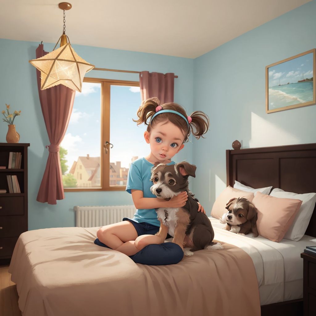 Stars twinkling outside a window as Nora hugs Ivy, a small scruffy black and brown Chihuahua-Schnauzer mix dog with floppy ears and brown eyes, tightly. A cozy bedroom setting.