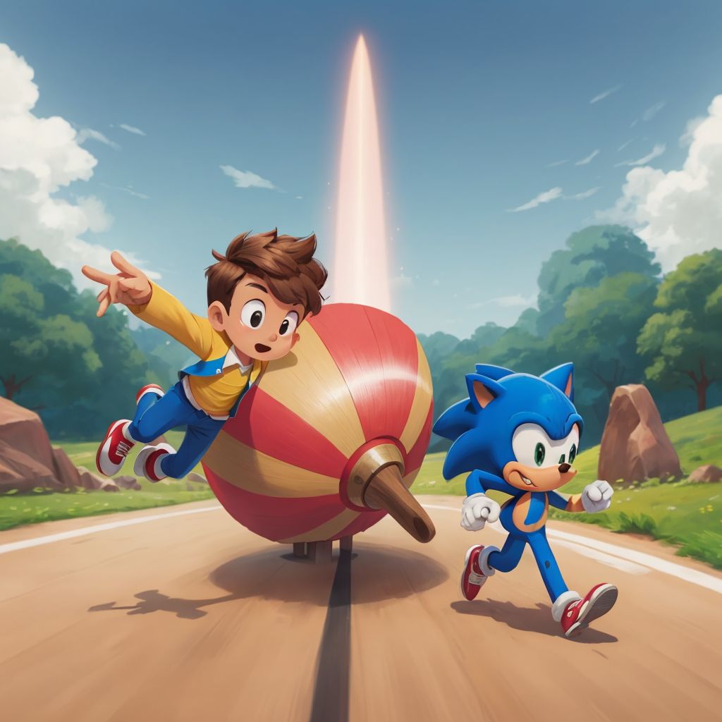 A colorful giant spinning top distracting a confused Dr. Eggman, with Zain and Sonic the Hedgehog watching from a distance