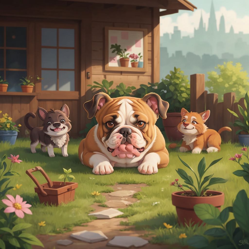David the bulldog helping to fix the garden, surrounded by smiling creatures, with a sense of harmony in the air.