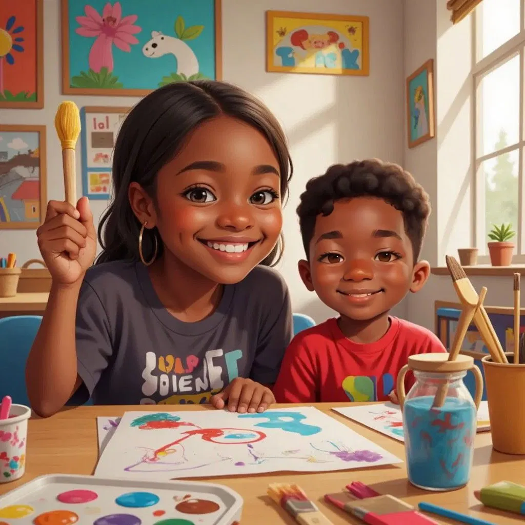 A smiling Mama Zee holding up a wooden paintbrush with colorful bristles, while Malachi and Amara sit at a table with art supplies spread before them.