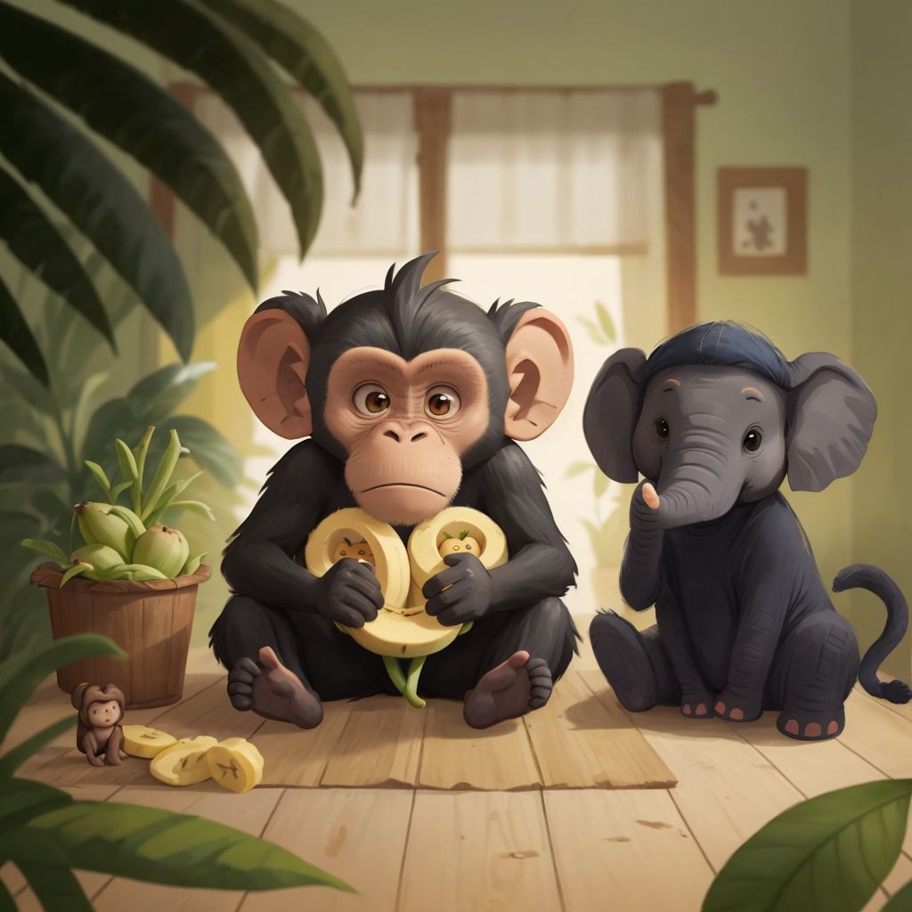 Max the black monkey holding a bunch of bananas, surprised by Ellie the wise old elephant with big ears and a stern face