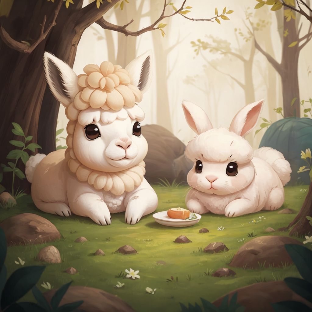 Annie the alpaca and Bella the bunny having breakfast together in a cozy burrow, Annie looking proud and refreshed.