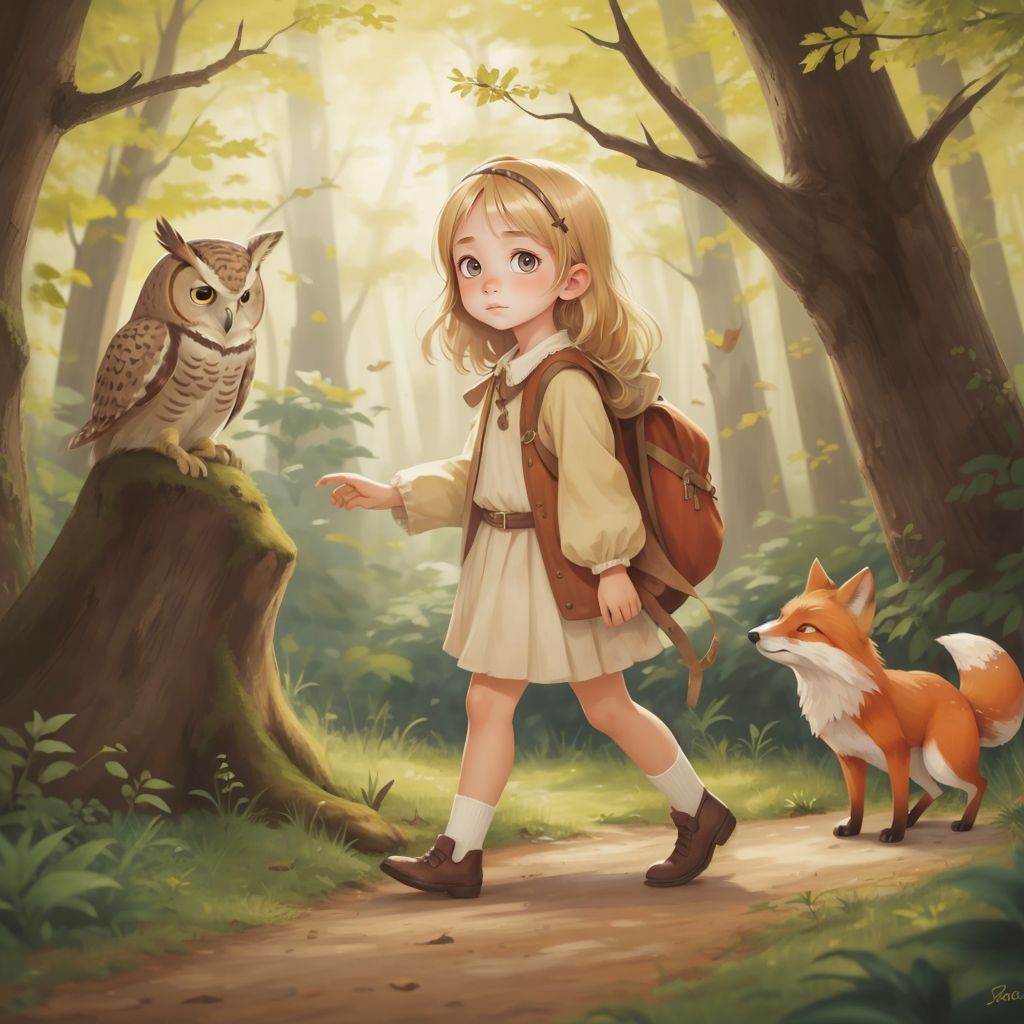 Emma walking with a wise owl and a friendly fox through the forest, facing challenges