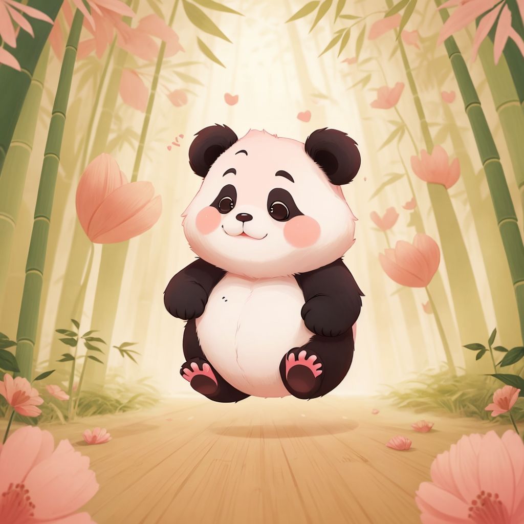 Polly fluffy, chubby. with pink cheeks, doing a somersault, bum in the air, in a bamboo forest