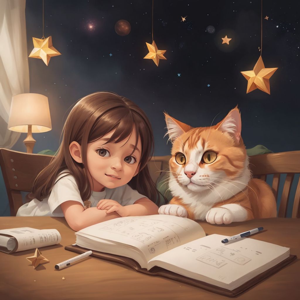 Mily 2 and Pinky the cat traveling through space together, the stars twinkling around them.
