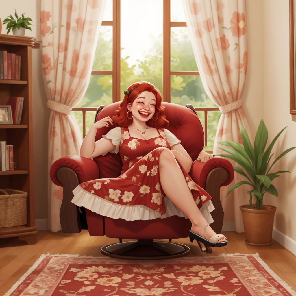 Mrs Wondercheese on her reclining chair in her living room laughing